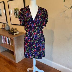 SALONI Black Floral Wrap Mini Dress with Pink, Green & Purple Accents